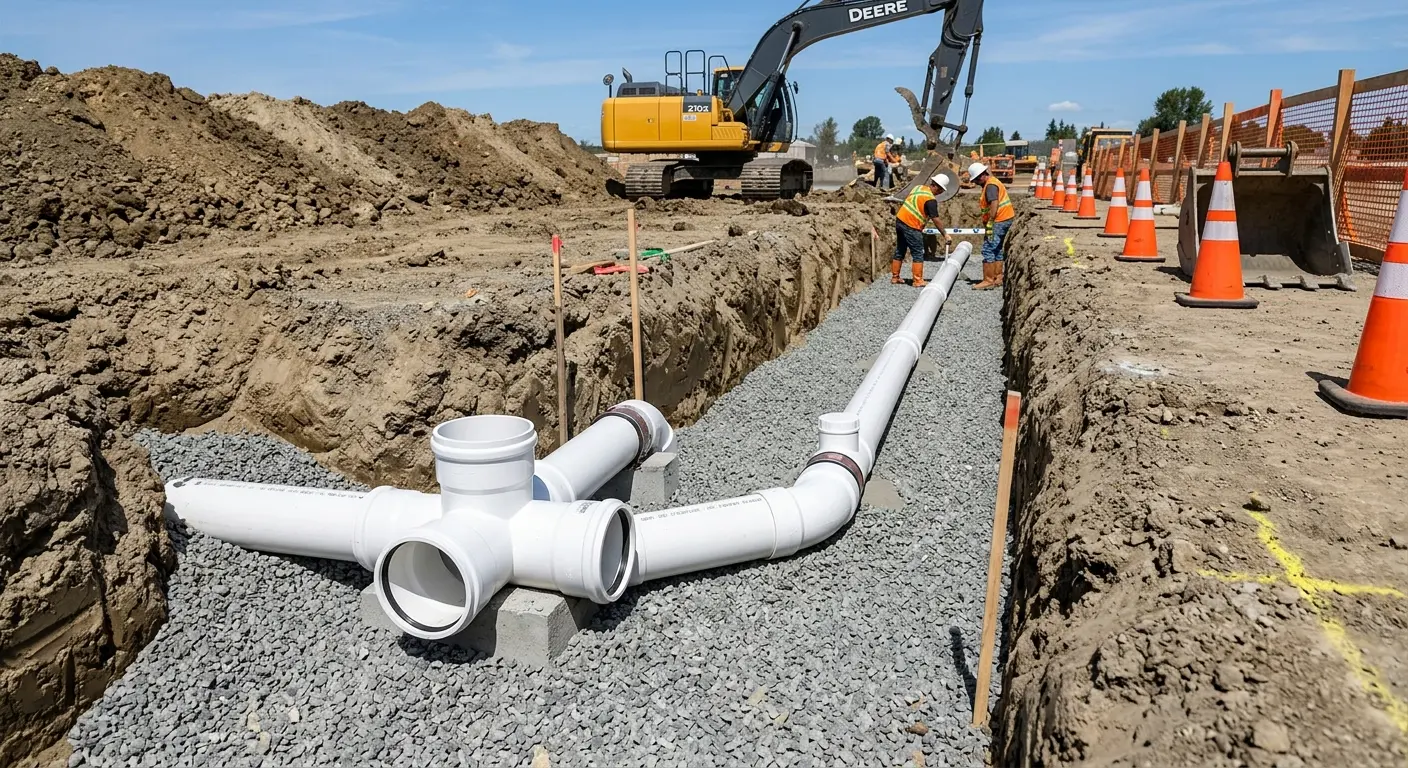 New PVC sewer pipe installation in open trench for Sewer Backup in Aberdeen
