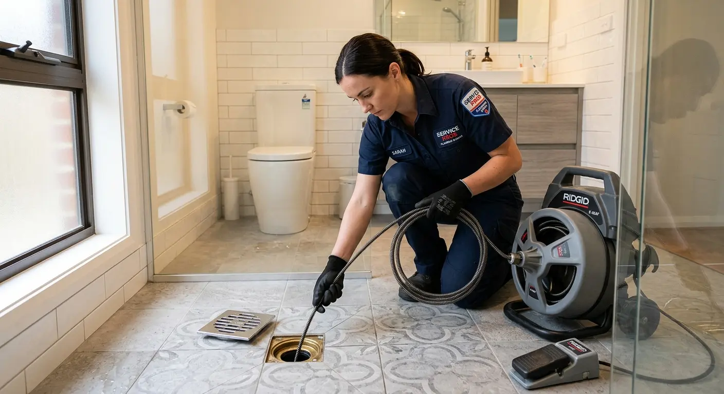 Technician clearing a bathroom floor drain for Clogged Drain Repair in Aberdeen